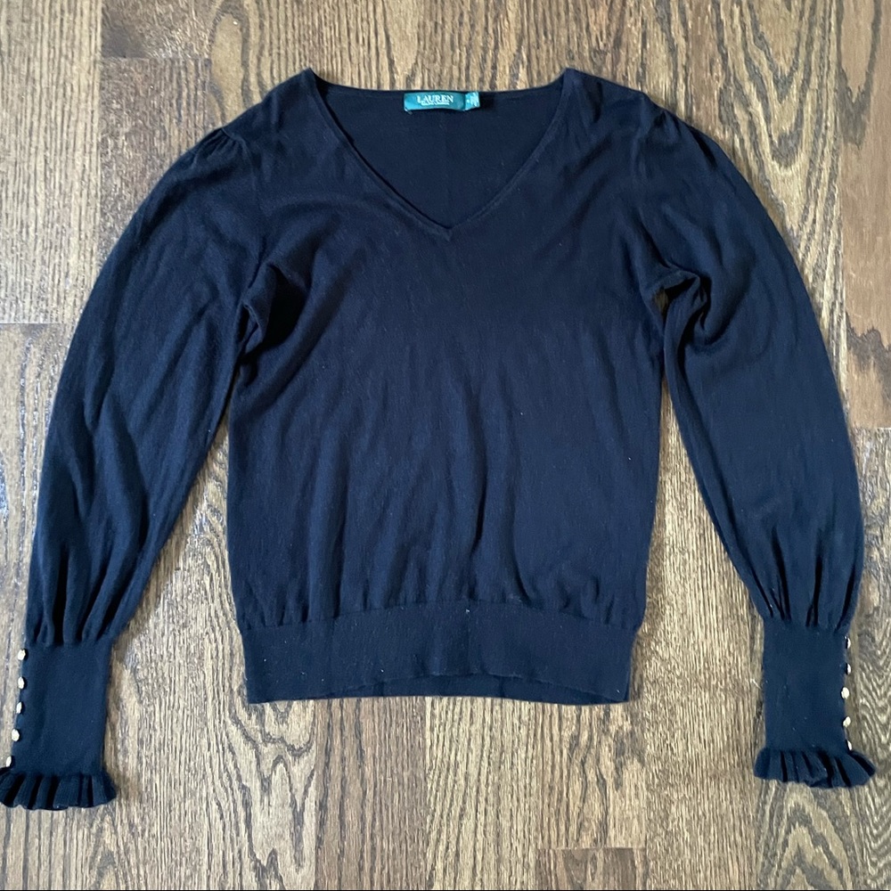 Ralph Lauren Black V-neck Sweater with Gold Buttons, Balloon Sleeves, Medium